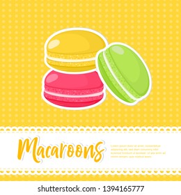 Food concept poster. Flame of cartoon french Macaroons background. Sweet and tasty vector template for cooking and restaurant menu in retro style