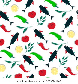 Food concept seamless pattern. Fish, peppers,tomato, lemon. Hand drawn colorful vector.