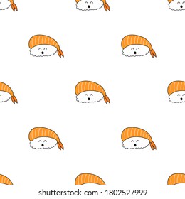 El concepto de comida. Dibujo manual de patrón sin inconvenientes de kawaii o sushi lindo aislado en fondo blanco. 