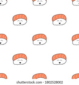 Food concept. Seamless pattern hand drawing set of kawaii or cute sushi isolated on white background. 