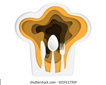 Food Concept Of Spoon With Fork And Knife In Cook Hat Shape Isolated On White Background. Creative Design. Vector Illustration, Paper Art, Logo