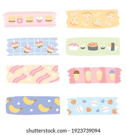 Food concept.Set of tags hand drawn.Pastel color.Cartoon animal character design.Bacon,bubble milk tea,ice cream,sushi,pizza,fats food.Image for lable,card,decoration.DIY.Vector.Illustration.