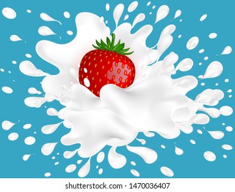Food concept. Vector drawing. Appetizing strawberries with green leaves falling down into cream with a splash and spray