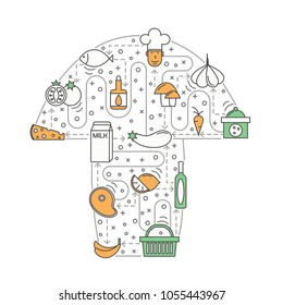 Food concept vector illustration. Modern thin line art flat style design element in the shape of mushroom with cooking ingredients symbols, icons for website banners and printed materials.