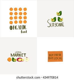 Food concept. Vector web illustration website banner.Linear graphic.Logo design vector template with vegetables and fruit.Hand-sketched typographic element.