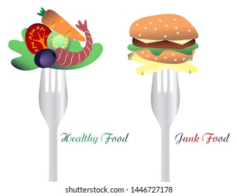 Food concept you are what you eat. Choose between healthy food and junk food. Food infographics