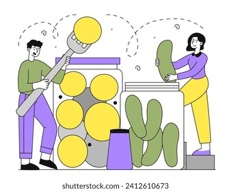 Food conservation linear concept. Man and woman with canned eating. Cucumbers and tomatoes. Natural and organic products, harvest. Doodle flat vector illustration isolated on white background