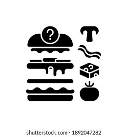 Food constructor black glyph icon. Setting meal preferences. Putting ingredients together. Building flavours. Collecting perfect dish. Silhouette symbol on white space. Vector isolated illustration