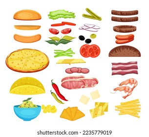 Food constructor set. Cutlets, tomatoes, cucumbers, bun, sausage, shrimp, nachos, chips, guacamole, tacos, cheese, herbs, peppers, bacon, sausage, olives, cabbage, french fries. Vector illustration