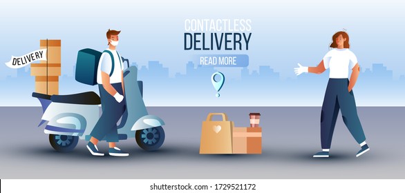 Food contactless safe delivery banner with female and male characters in masks and gloves, boxes, cityscape. Courier with motorbike brings order to client. Background in blue colors for landing pages