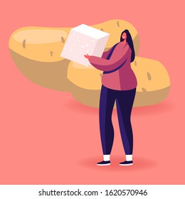 Food Contain Complex and Fast Carbohydrate Energy, Healthy and Unhealthy Products Concept. Young Woman Holding Cube of White Cane Sugar Stand near Huge Potato Tubers. Cartoon Flat Vector Illustration