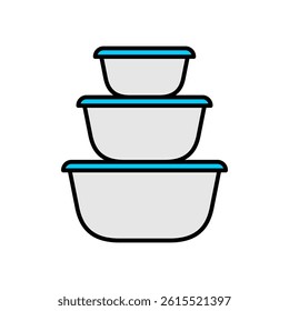 Food container box icon. Three bowl shape containers with lids simple black line illustration. Plastic food containers set. Editable stroke.