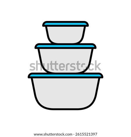 Food container box icon. Three bowl shape containers with lids simple black line illustration. Plastic food containers set. Editable stroke.