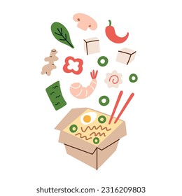 Food container box with ramen, noodle soup with flavors, hand drawn composition with toppings for ramen shop, doodle icons of shrimps, ginger, dried nori, vector illustrations of instant noodles