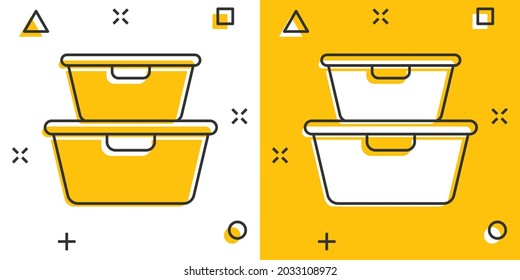 Food container icon in comic style. Kitchen bowl vector cartoon illustration pictogram. Plastic container box business concept splash effect.