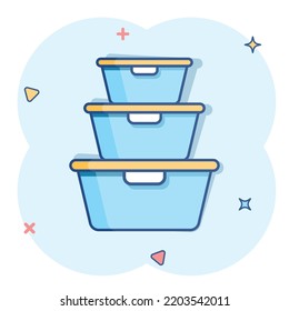 Food container icon in comic style. Kitchen bowl vector cartoon illustration pictogram. Plastic container box business concept splash effect.