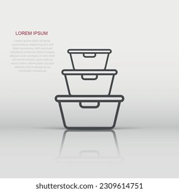Food container icon in flat style. Kitchen bowl vector illustration on white background. Plastic container box business concept.
