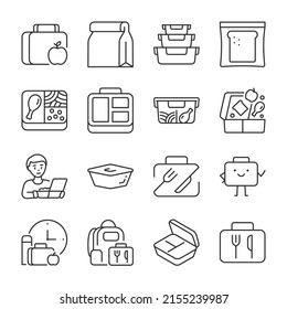 Food In A Container Icons Set. Breakfast, Lunch To Go. Meals To Go. A Set Of Rations For School Or Work, Linear Icon Collection. Line With Editable Stroke