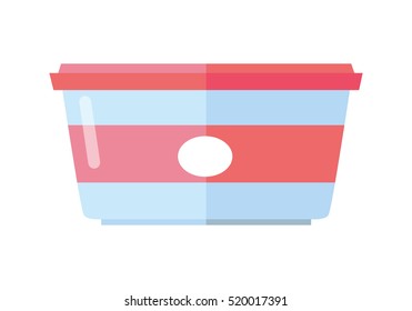 Food container with label vector. Flat style. Sealed plastic tray or bowl with lid. Packaging for dairy, confectionery, products. For nutrition concepts, food production ad. Isolated on white 