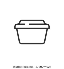 Envase de comida con tapa, icono lineal. Almacenamiento de comidas y embalaje para llevar. Línea con trazo editable.