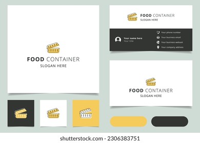 Diseño del logo del contenedor de alimentos con eslogan editable. Libro de promoción de marca y plantilla de tarjeta de visita.