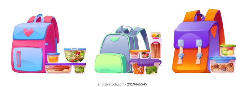 Food container lunch box near backpack for school isolated vector illustration set. Plastic fruit and vegetable leftover storage pack clipart with salad, prepared meal, dessert and homemade snack.