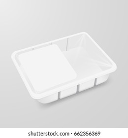 Food container mock up. Plastic empty box for meat, chicken, dinner, lunch. Vector illustration of box with wrap, label.