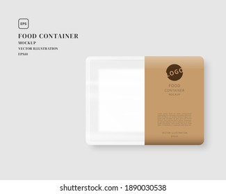 Food container mockup with label. Food tray with blank paper. Mockup vector isolated. Template design. Realistic vector illustration.