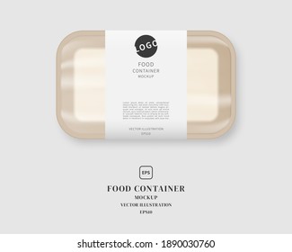 Food container mockup with label. Food tray with blank paper. Mockup vector isolated. Template design. Realistic vector illustration.