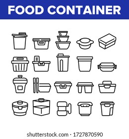 Food Container Package Collection Icons Set Vector. Plastic Container For Transportation And Storaging Cooked Nutrition, Utensil Concept Linear Pictograms. Monochrome Contour Illustrations