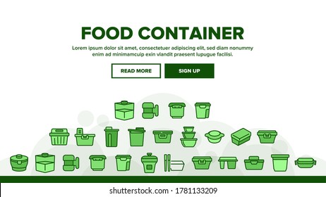Landing-Webseite für Lebensmittelcontainer-Paket Kopfzeile Banner Vorlage Vektor. Kunststoffbehälter für den Transport und die Lagerung von gekochter Ernährung, UV-Illustrationen