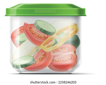 Food container with products. Realistic box with vegetable slices. Salad ingredients. Closed package with lid. Tomato and peppers. Onion and cucumber pieces. Vector