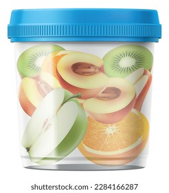 Food container with products. Realistic full plastic circle box. Fruit pieces. Fresh peach and apple. Orange half parts. Juicy kiwi and pear. Packaging with closed lid