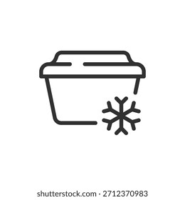 Contenedor de comida con copo de nieve, icono lineal. Almacenamiento refrigerado y conservación de comidas frías. Línea con trazo editable.