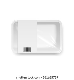 Food container with Stretch wrap and barcode, top view, vector template, isolated on white