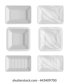 Food Container. Tray Container Layered With Protective Polyethylene Film For Lunch Set. Grocery Pack For Vegetable Or Fruit Storage. Empty Plastic Food Container Mockup Vector Illustration
