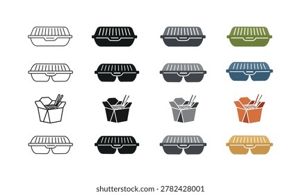 Food Container Vector Icon Set with Outline, Silhouette, and Color Variations for Packaging and Restaurant Design