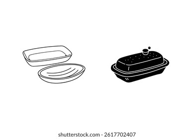 Food Containers And Butter Dish Outline Vector Illustration Minimalist Style