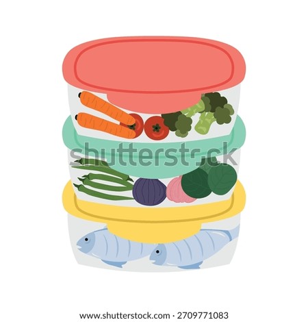Food containers organized with vegetables and fish, healthy meal prep. Flat design vector illustration