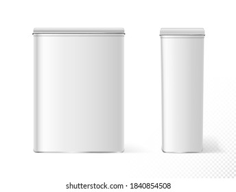 Food containers. Realistic white metal tin food storage empty blank, front and side view on white background. Blank empty food package template. Vector illustration