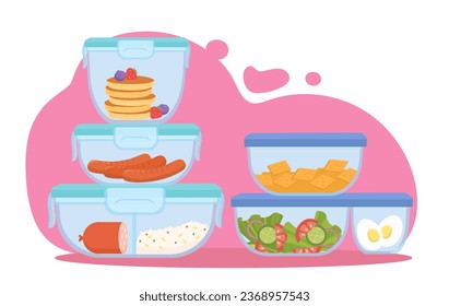 Food containers set. Healthy eating in plastic packages. Canned sausages, salad, eggs and pancakes with berries. Poster or banner. Cartoon flat vector collection isolated on white background