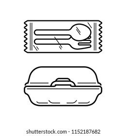 Food Containers set for shop and resturant. Disposable food packaging. Simple design, stroke outline style. Line vector. Isolate on white background.