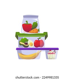 Essenscontainer stapeln mit Obst und Gemüse im Innern, flache Vektorgrafik einzeln auf weißem Hintergrund. Lunchkästen aus Glas oder Kunststoff mit Banane, Avocado, Apfel, Gurken und Pfeffer.