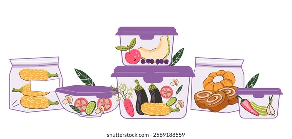 Food in containers for theme of storage, preserving and keeping fresh products, vector illustration isolated on white background. Healthy proper nutrition and reduce food waste.