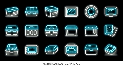 Food containers and food trays glowing blue and white neon icons set on black background