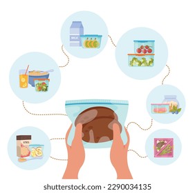 Food containers and zero waste storage background with human hands surrounded by compositions of packed meals vector illustration