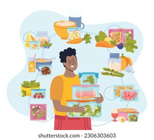 Contenedores de alimentos y composición de almacenamiento de desechos cero con caracteres masculinos sosteniendo cajas de plástico rodeadas de ilustraciones vectoriales de las comidas