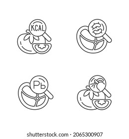 Food contaminant testing linear icons set. Heavy metals, pesticide detection. Product content analysis. Customizable thin line contour symbols. Isolated vector outline illustrations. Editable stroke