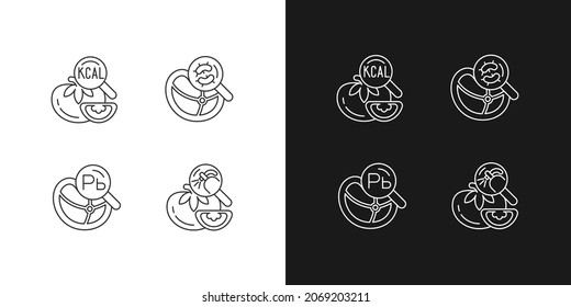 Food contaminant testing linear icons set for dark and light mode. Heavy metals and pesticide residue detection. Customizable thin line symbols. Isolated vector outline illustrations. Editable stroke