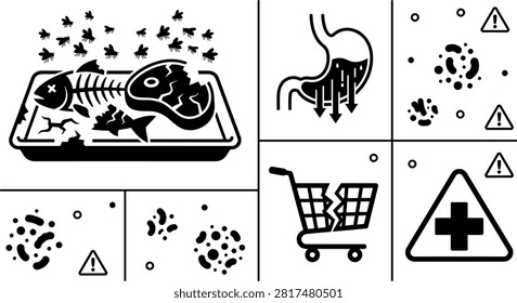 Food Contamination and Bacterial Infection Vector Icon Set Featuring Rotten Meat and Fish Swarmed by Flies Stomach Illness and Broken Shopping Cart Symbols.eps